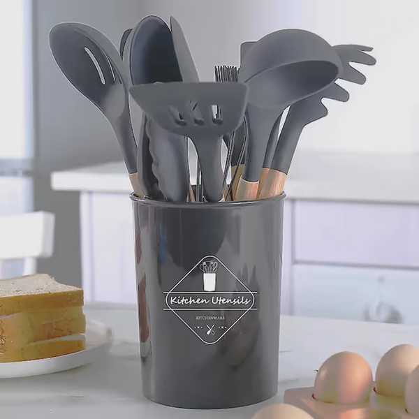 Kit de Utensílios De Cozinha com 12 Unidades Colheres Espátula Rntre Outros Silicone Cabo Madeira