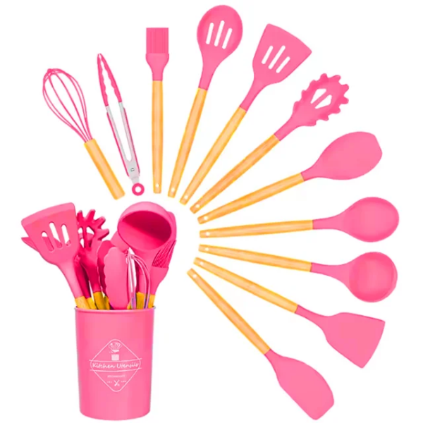 Kit de Utensílios De Cozinha com 12 Unidades Colheres Espátula Rntre Outros Silicone Cabo Madeira