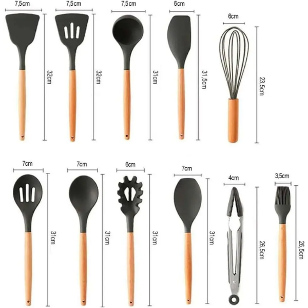 Kit de Utensílios De Cozinha com 12 Unidades Colheres Espátula Rntre Outros Silicone Cabo Madeira